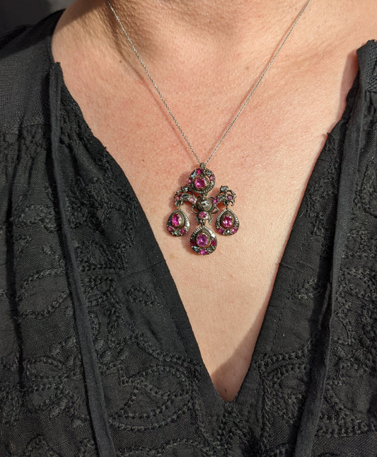 Georgian ruby sterling necklace with untreated ruby and diamond