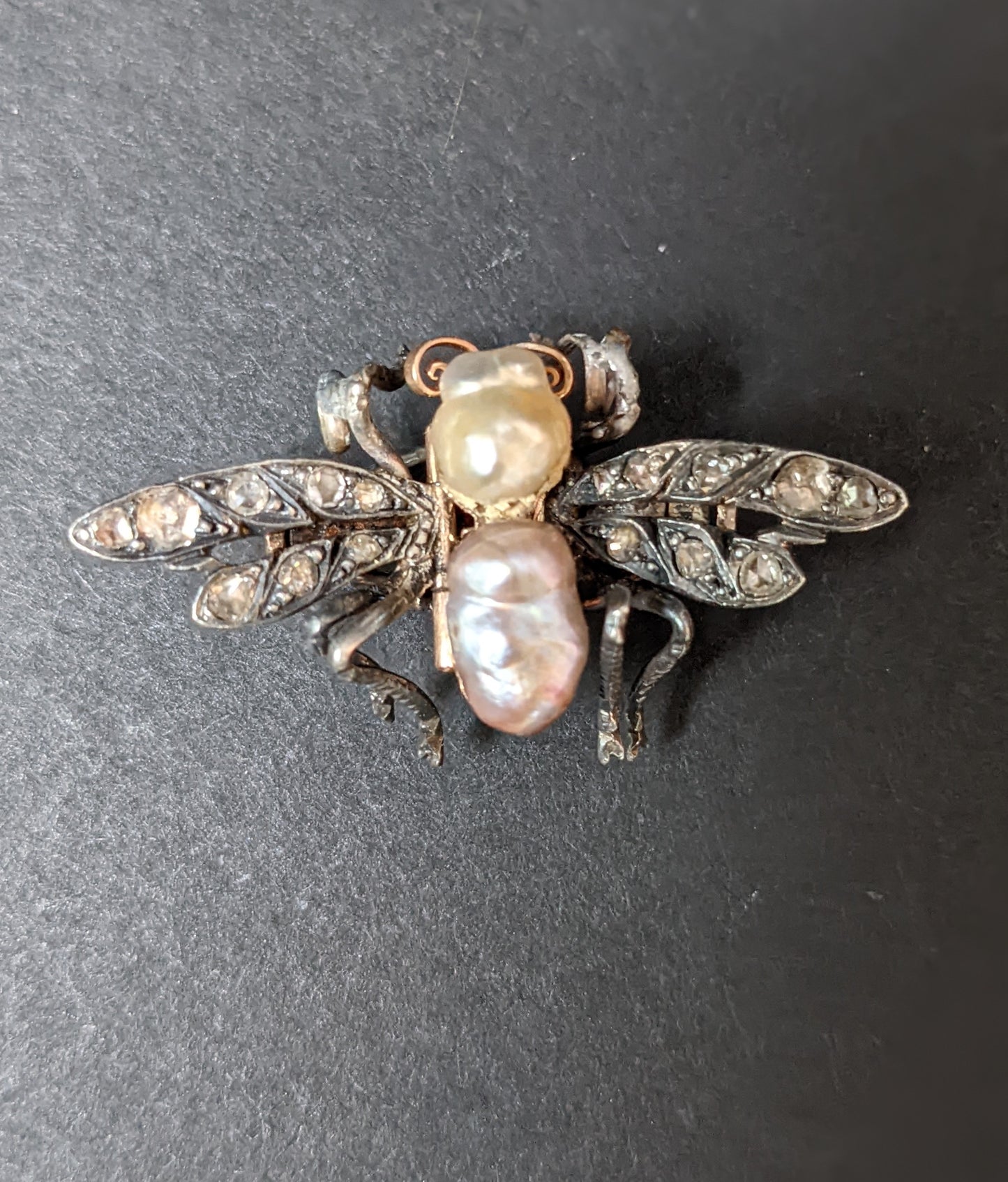 14k and sterling Bumblebee with pearls and rose cut diamonds