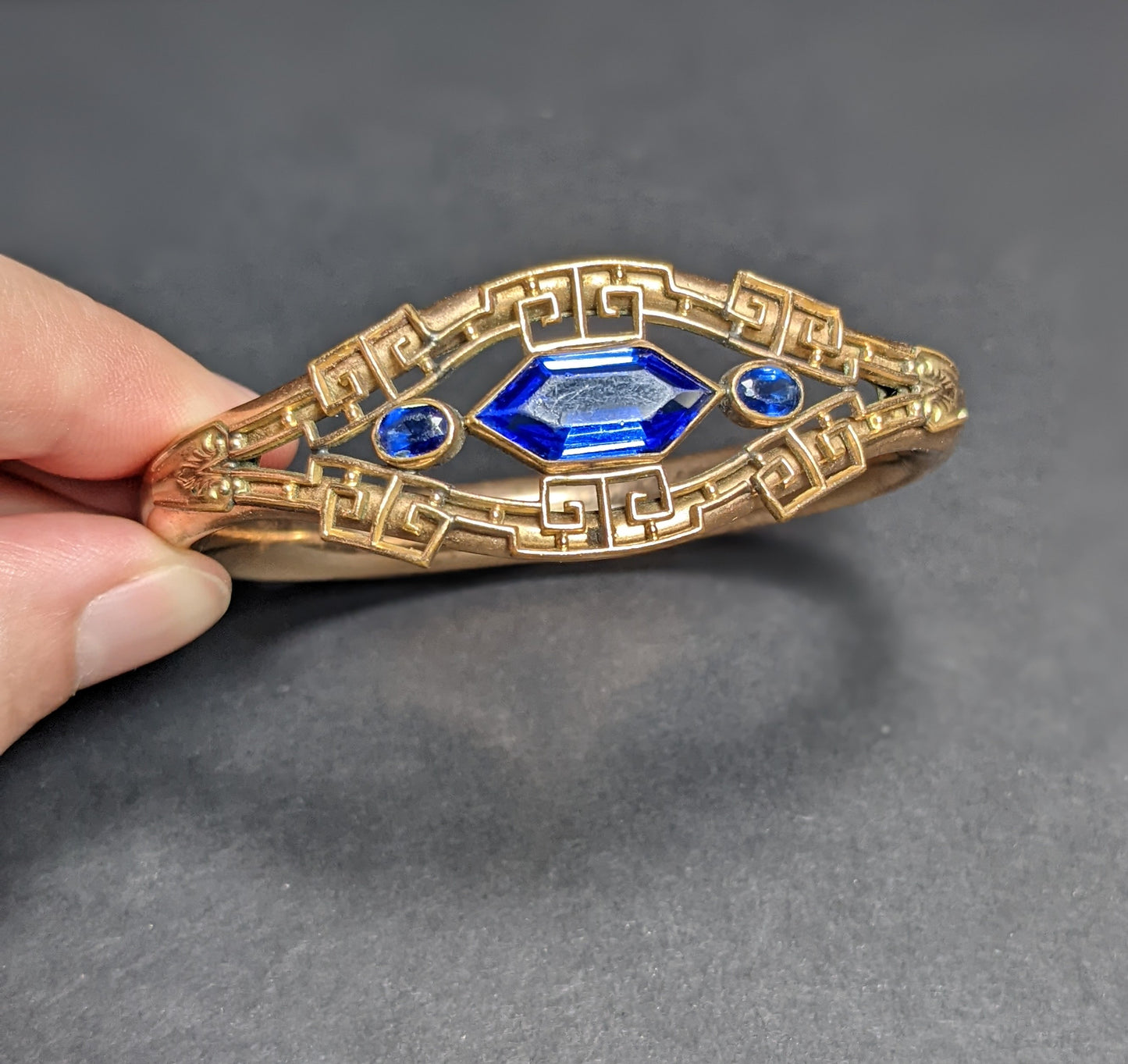 LM & Co Gold Plated Art Deco Bracelet with Blue Rhinestone