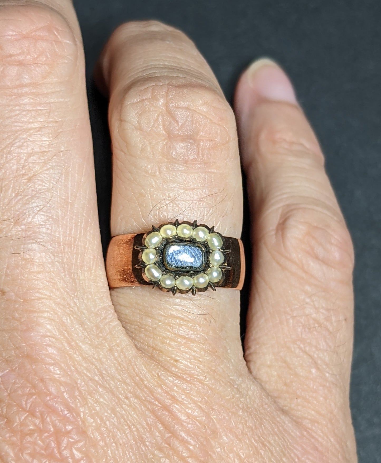 English rose gold band with seed pearls and crystal