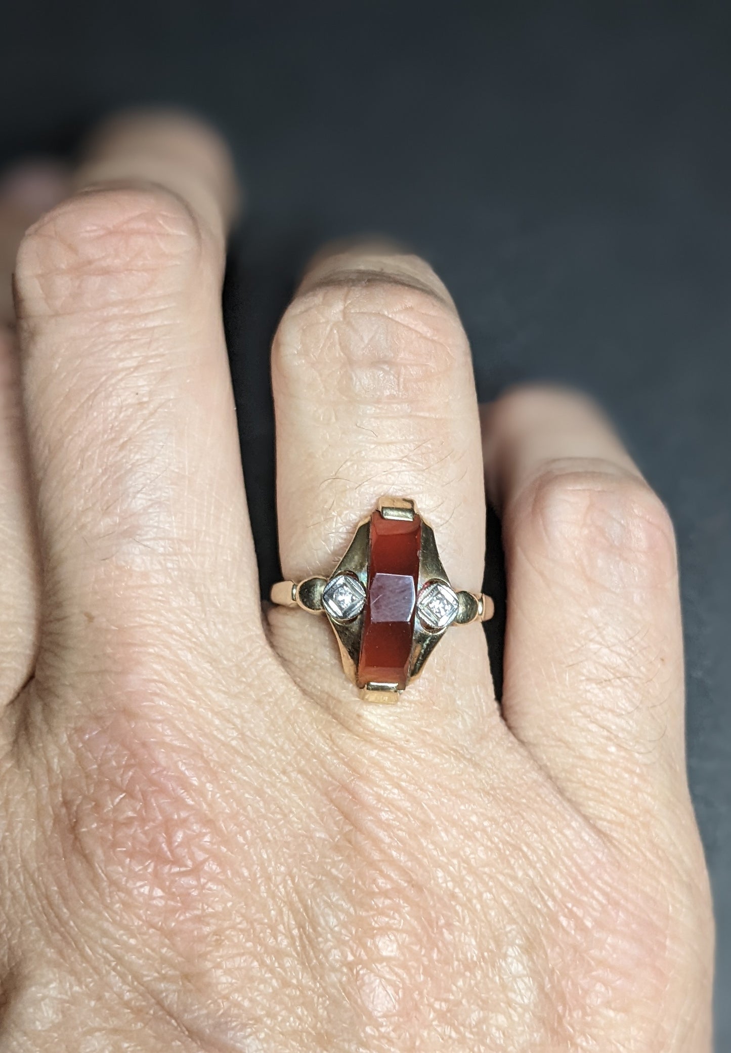 Arts and Craft 10k Carnelian and Diamond Ring