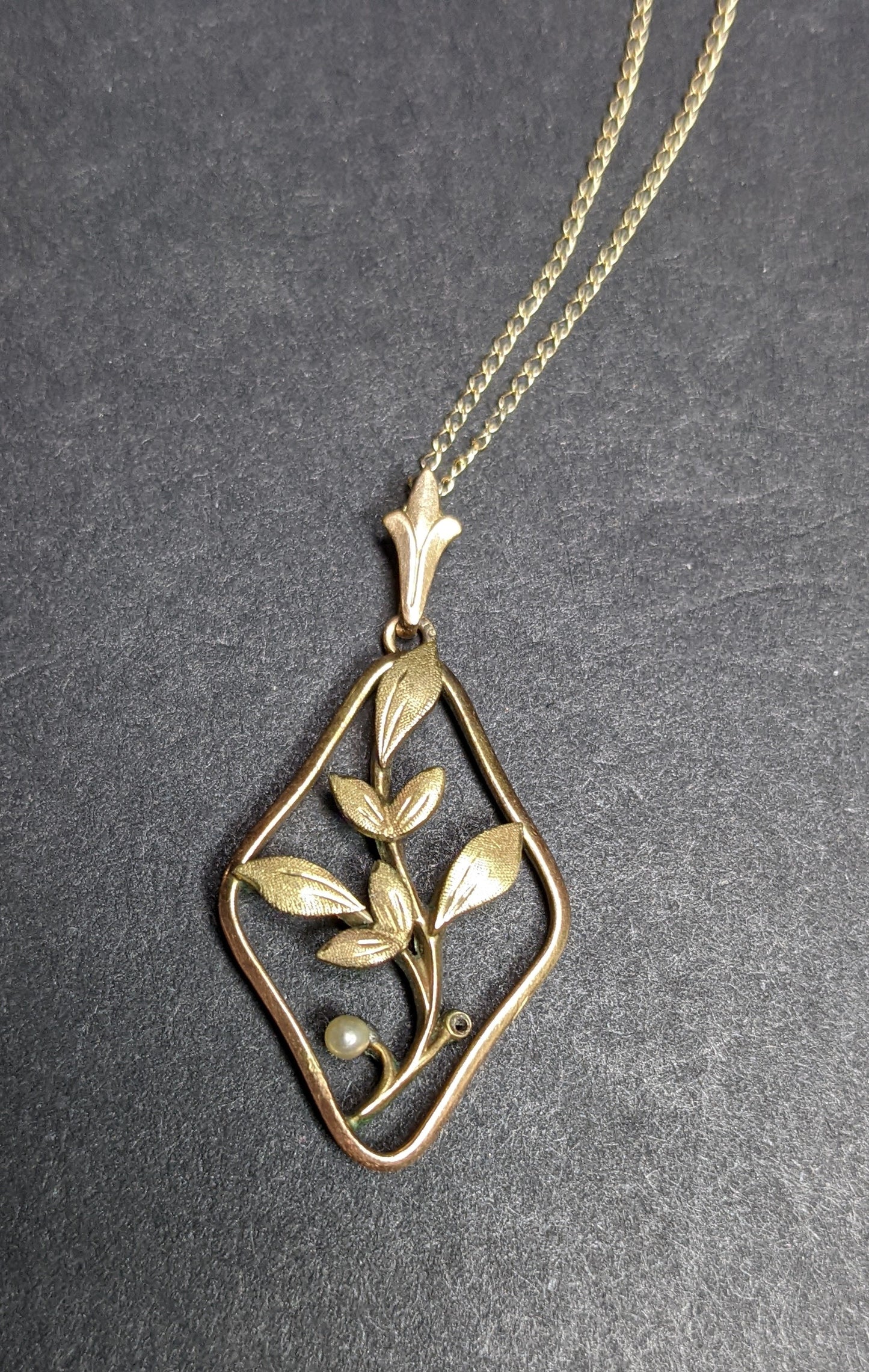 Jugenstil and Seed Pearl Pendant on Dainty Gold Chain