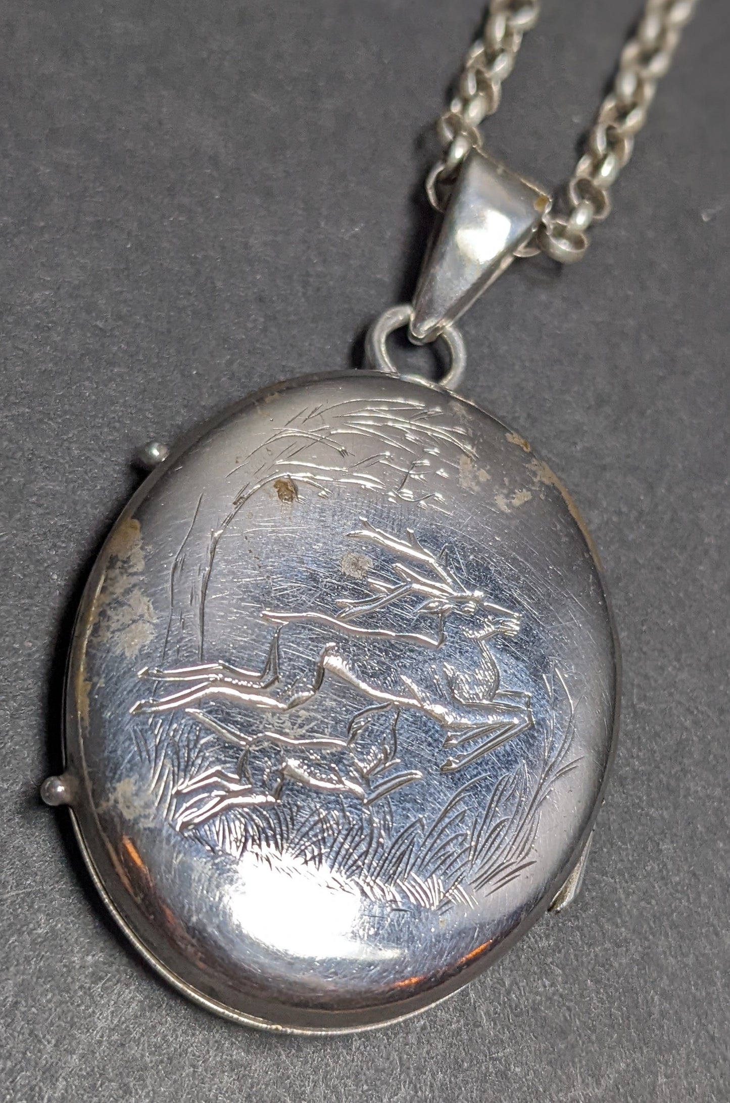 1940 Silver locket on belcher chain stag and hound engraved