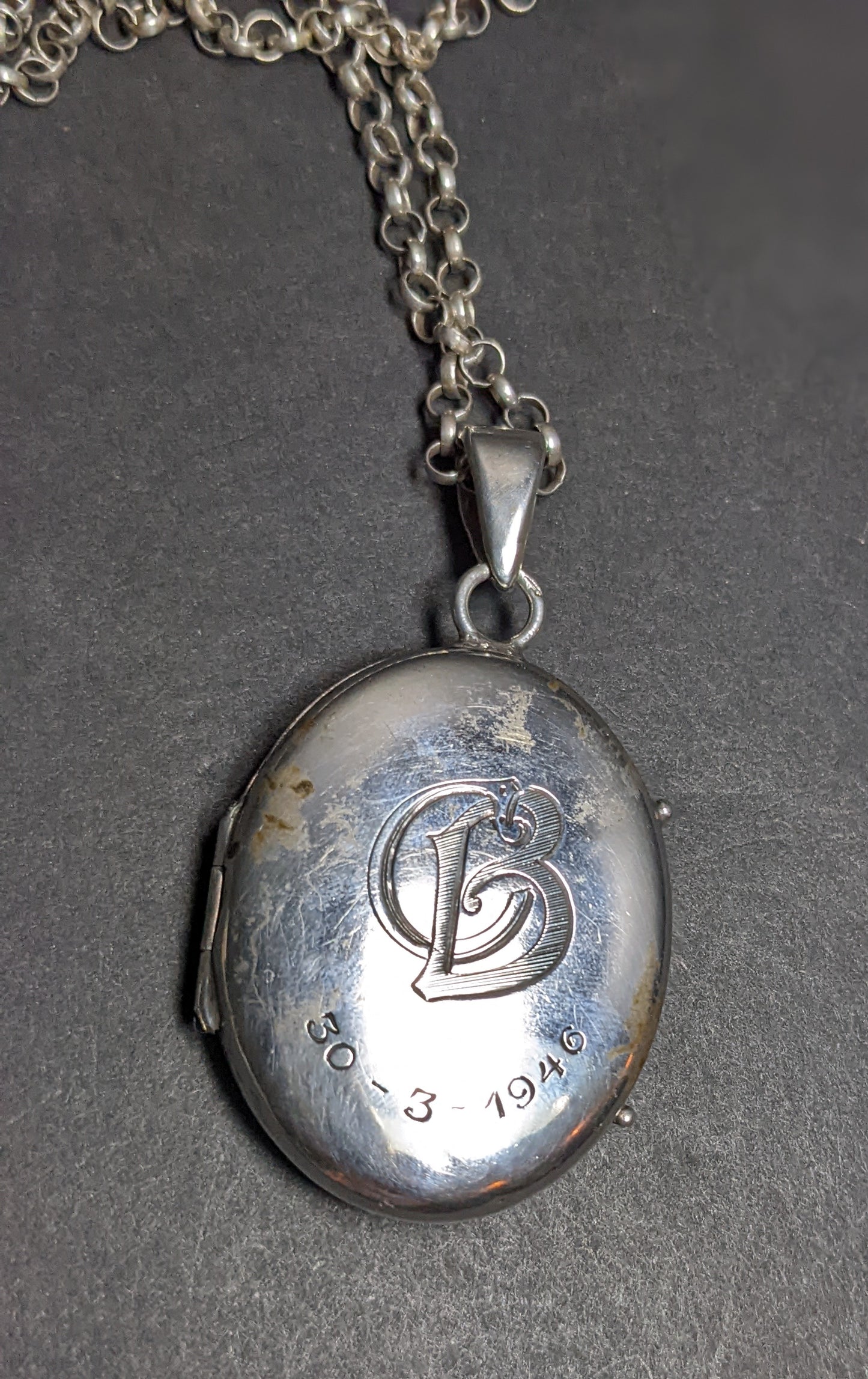 1940 Silver locket on belcher chain stag and hound engraved