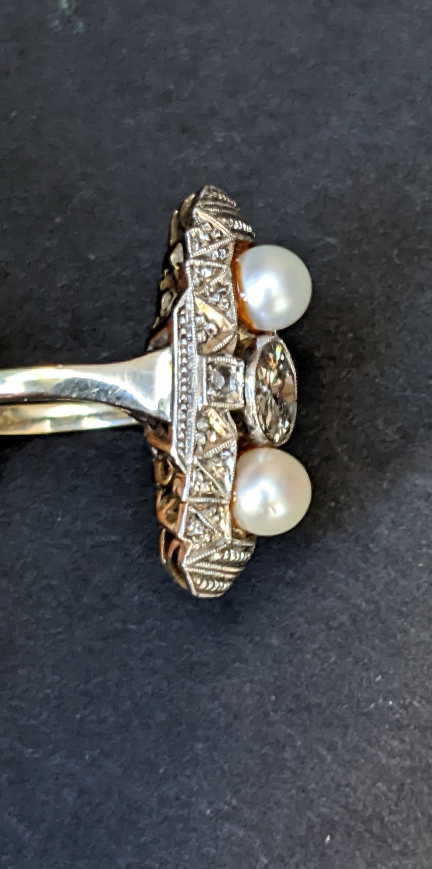 American 14k Art Deco diamond and pearl ring
