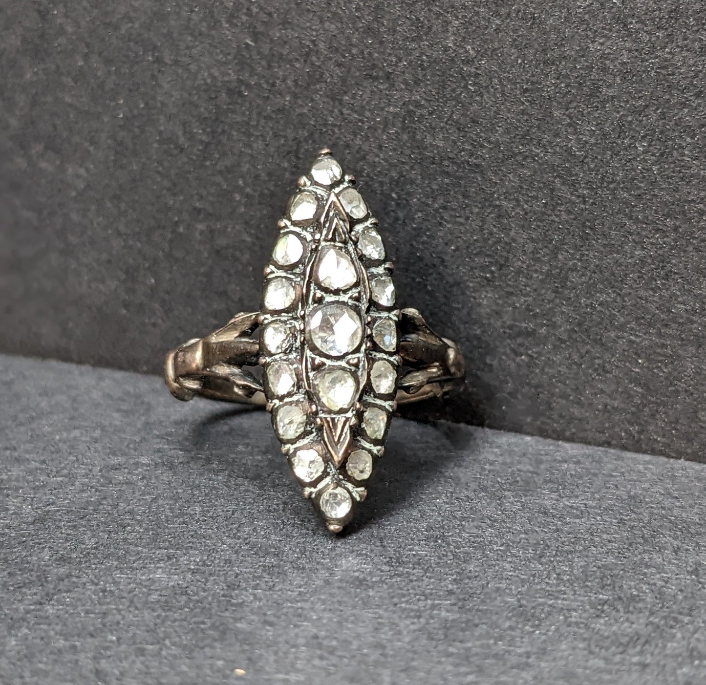 Navette rose cut diamond ring
