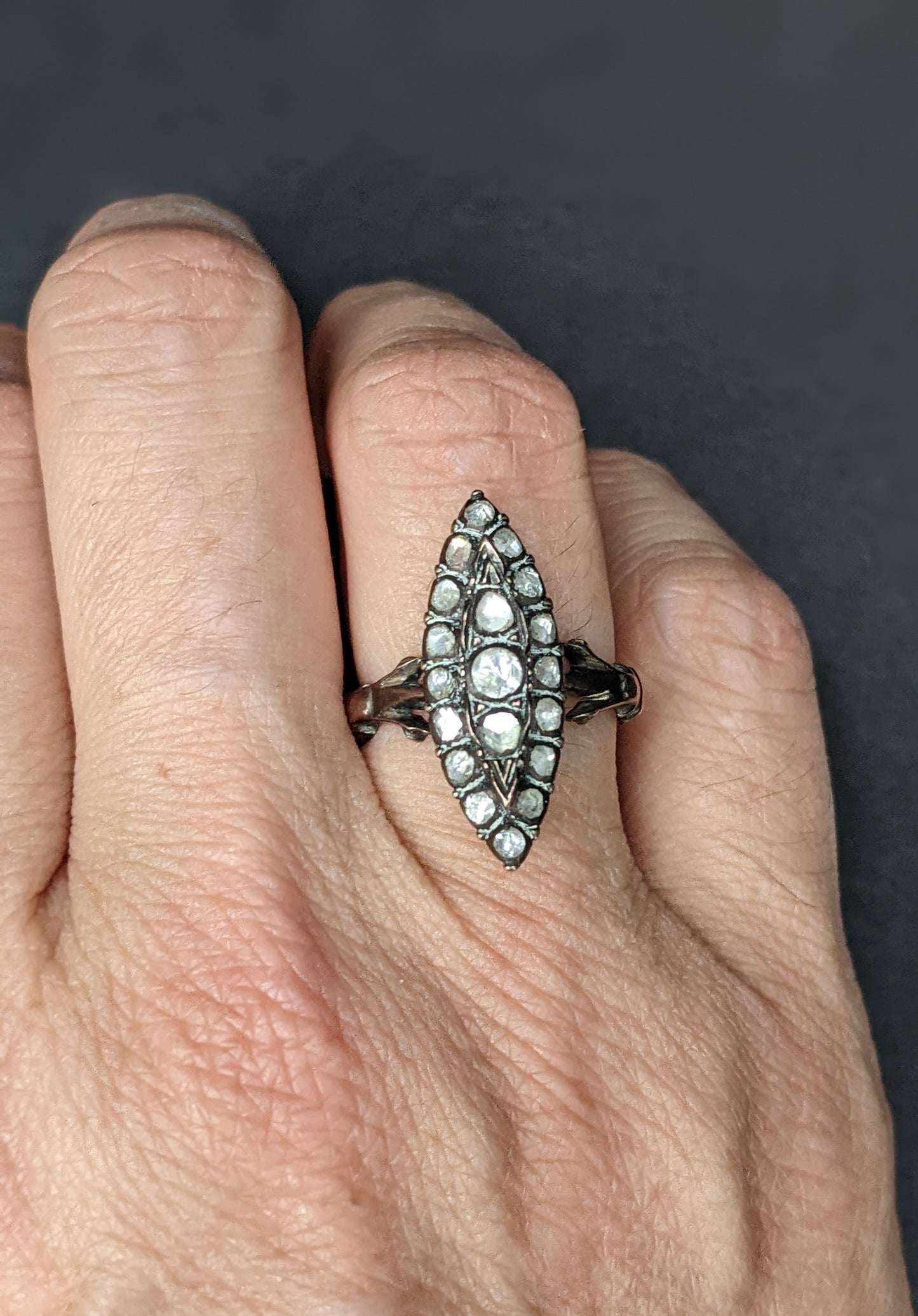 Navette rose cut diamond ring