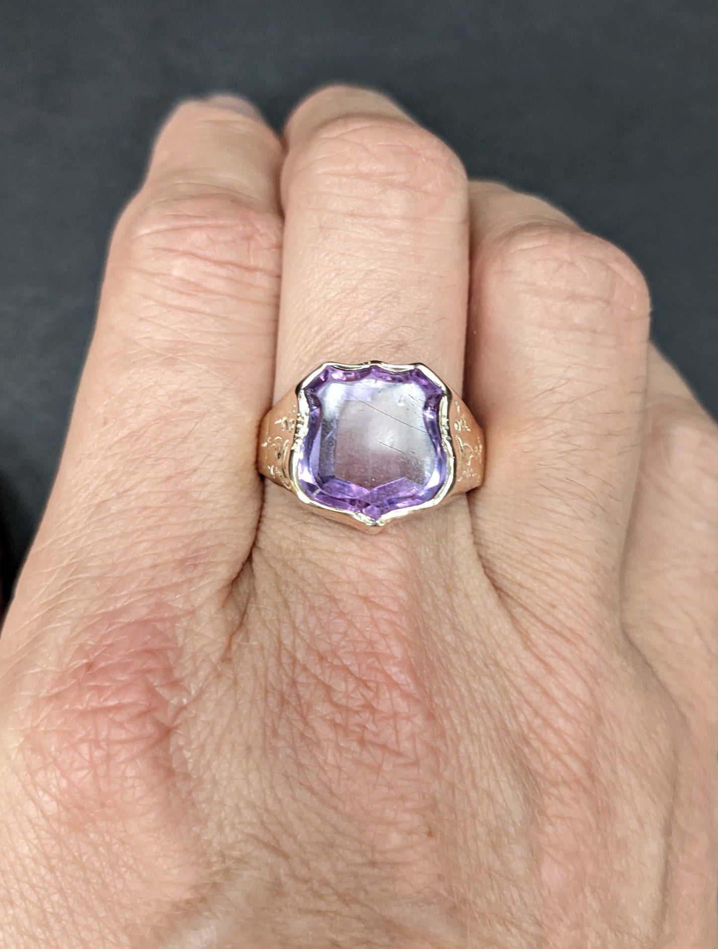 Large shield cut amethyst ring