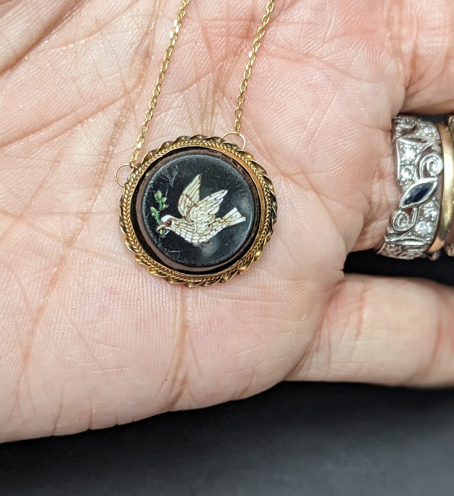 Micro mosaic dove in gold frame with 14k chain