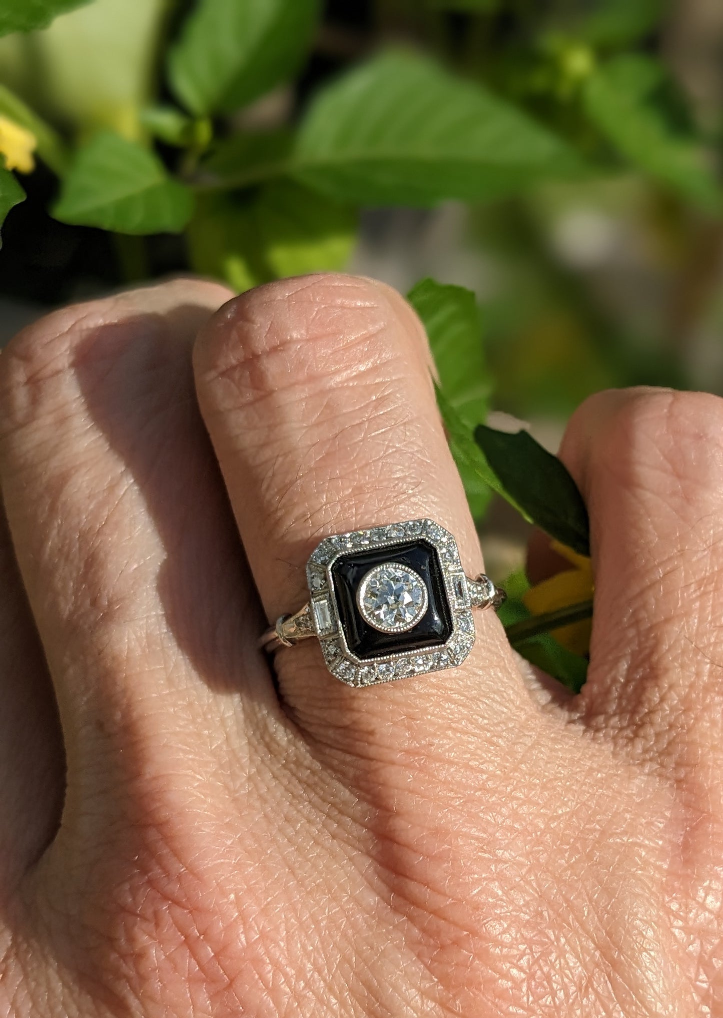 Platinum Onyx OEC Art Deco Large Diamond Square Ring