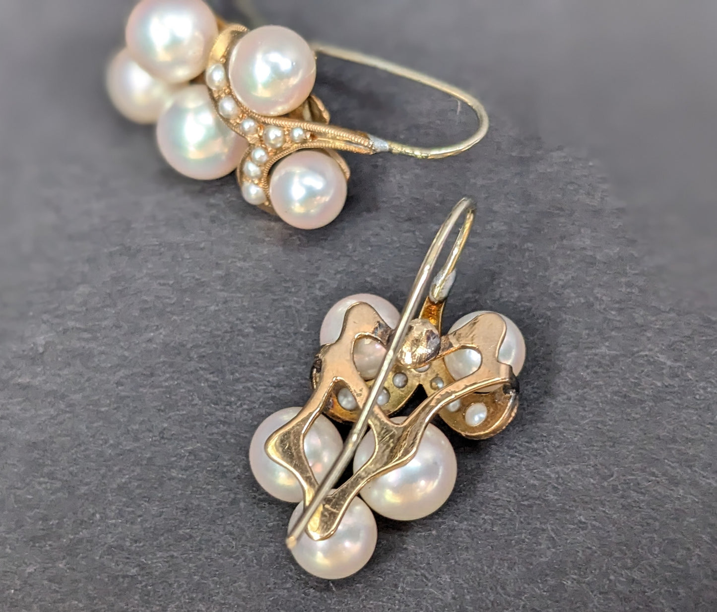 Pearl Cluster 14kt gold shepherd hook earrings with Seed pearls