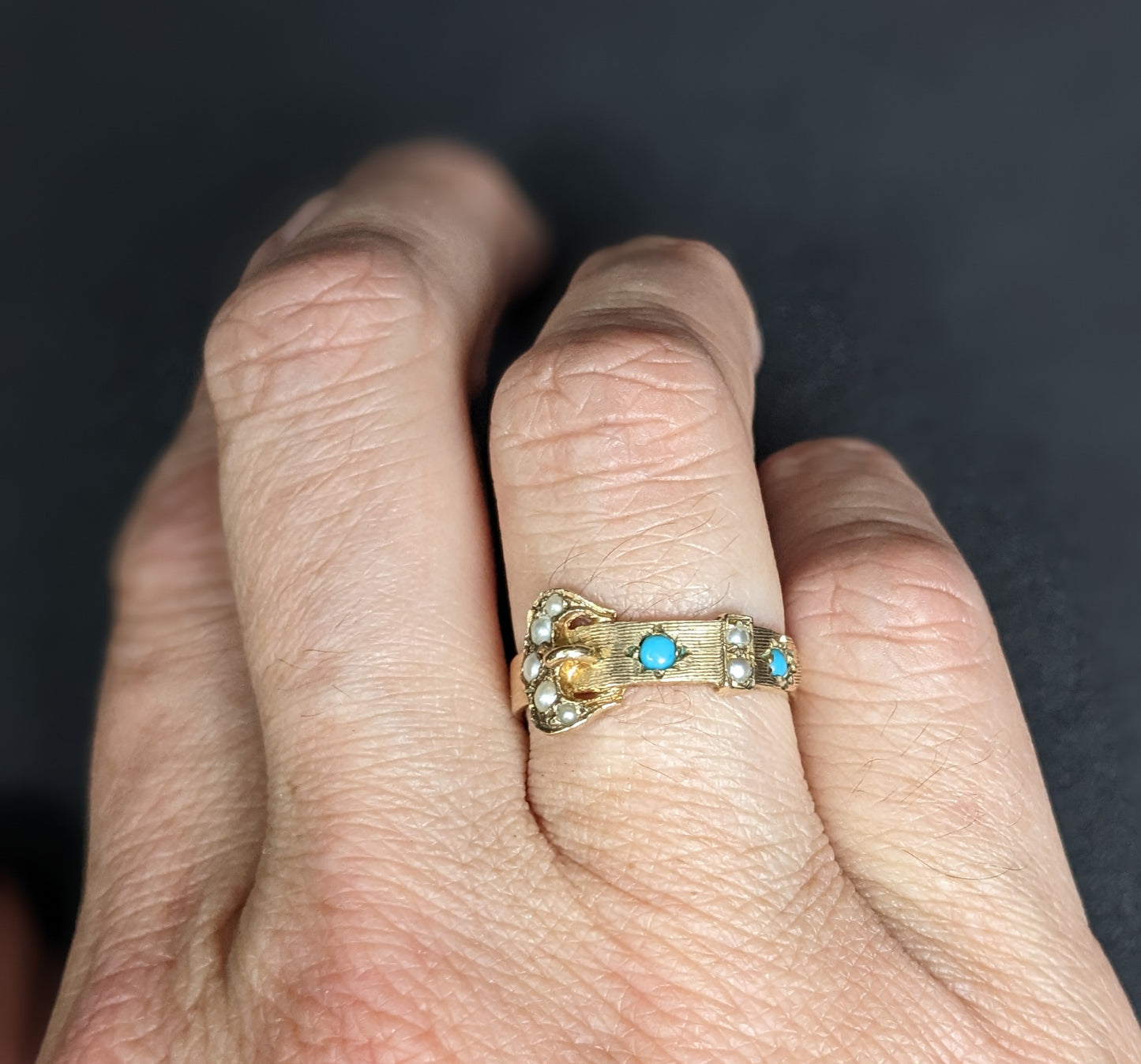 Pearl and Turquoise Buckle Ring