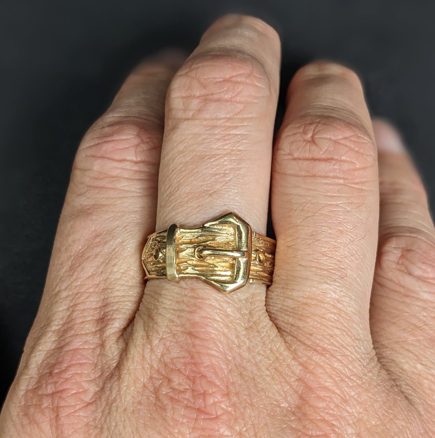 Large Engraved Gold Buckle Ring English