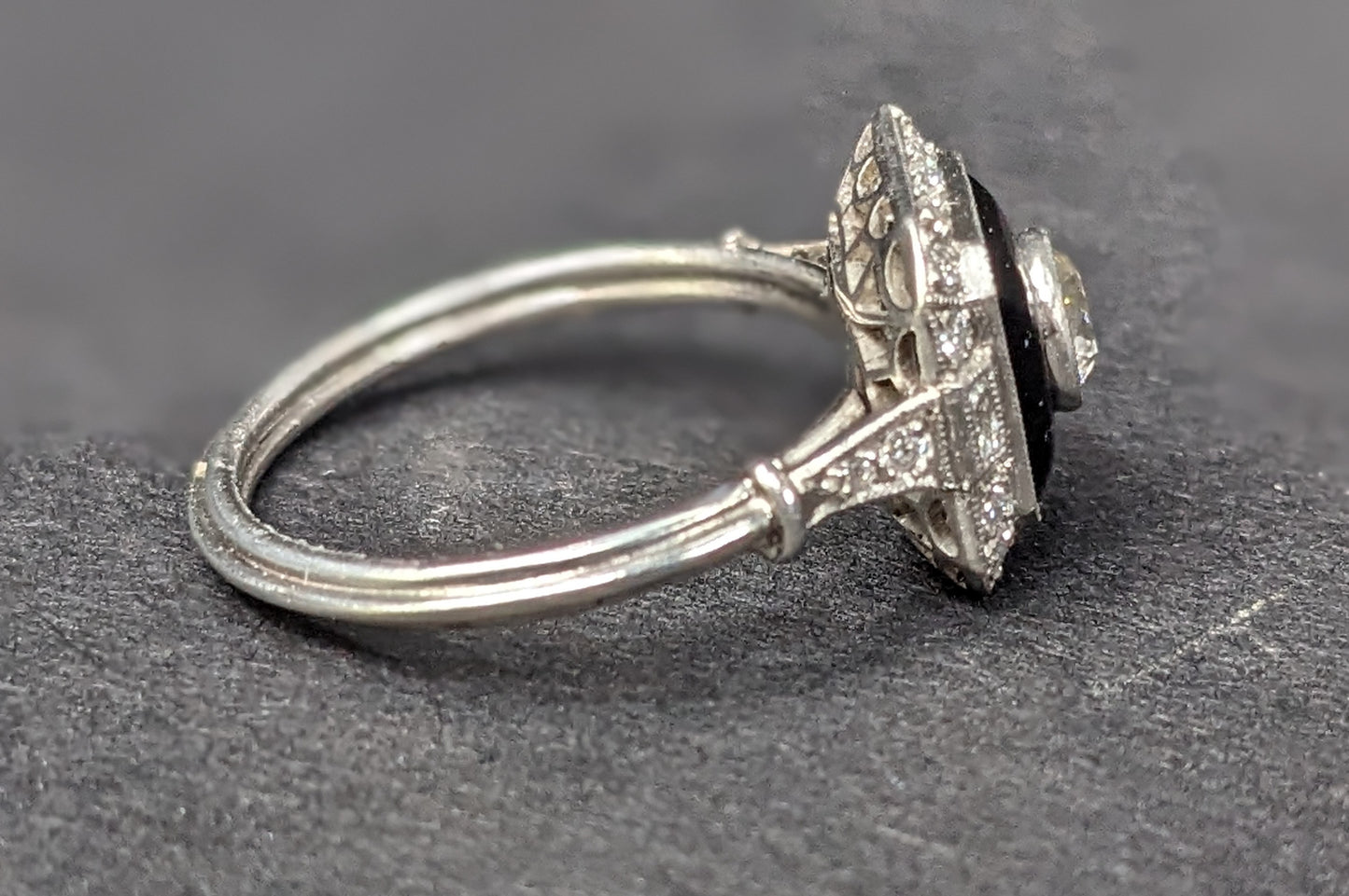 Platinum Onyx OEC Art Deco Large Diamond Square Ring