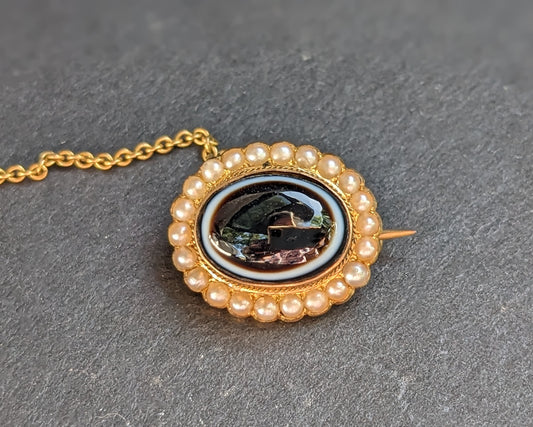 Bullseye agate with seed pearl rim brooch