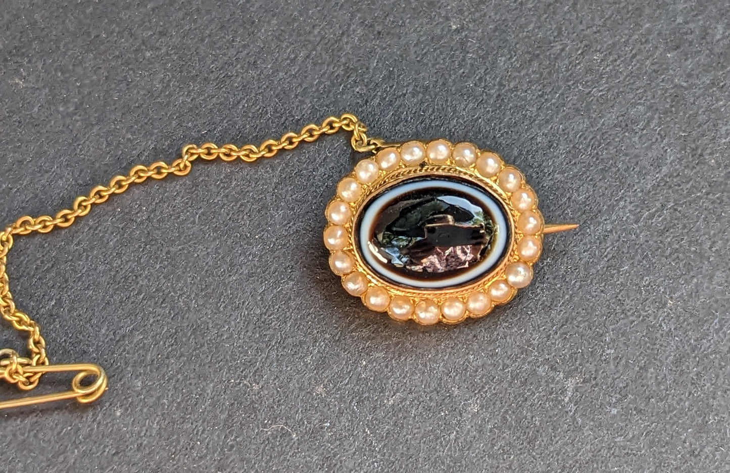 Bullseye agate with seed pearl rim brooch