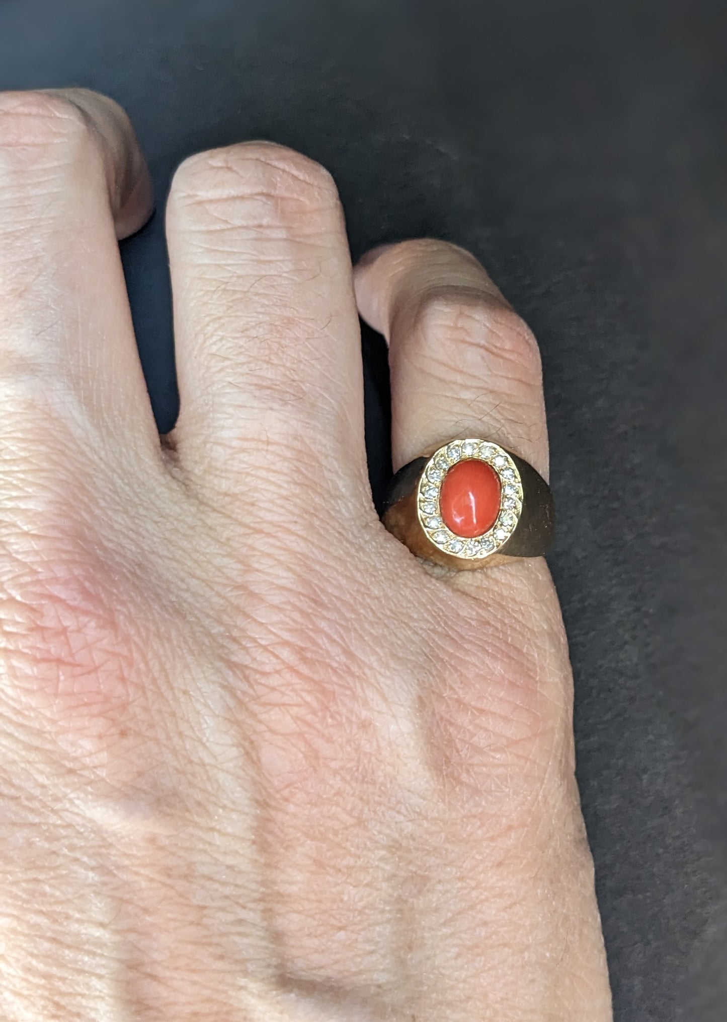 18Kt Coral with Diamond Surround Ring Pinky
