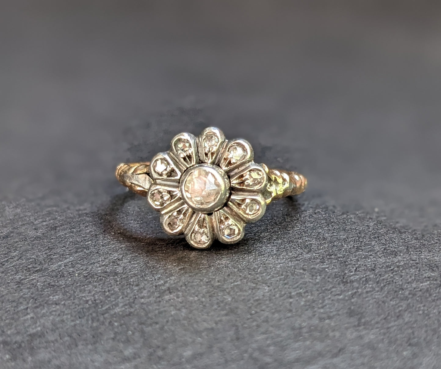 Georgian Silver and Gold Diamond Cluster ring with Center, Rosecut