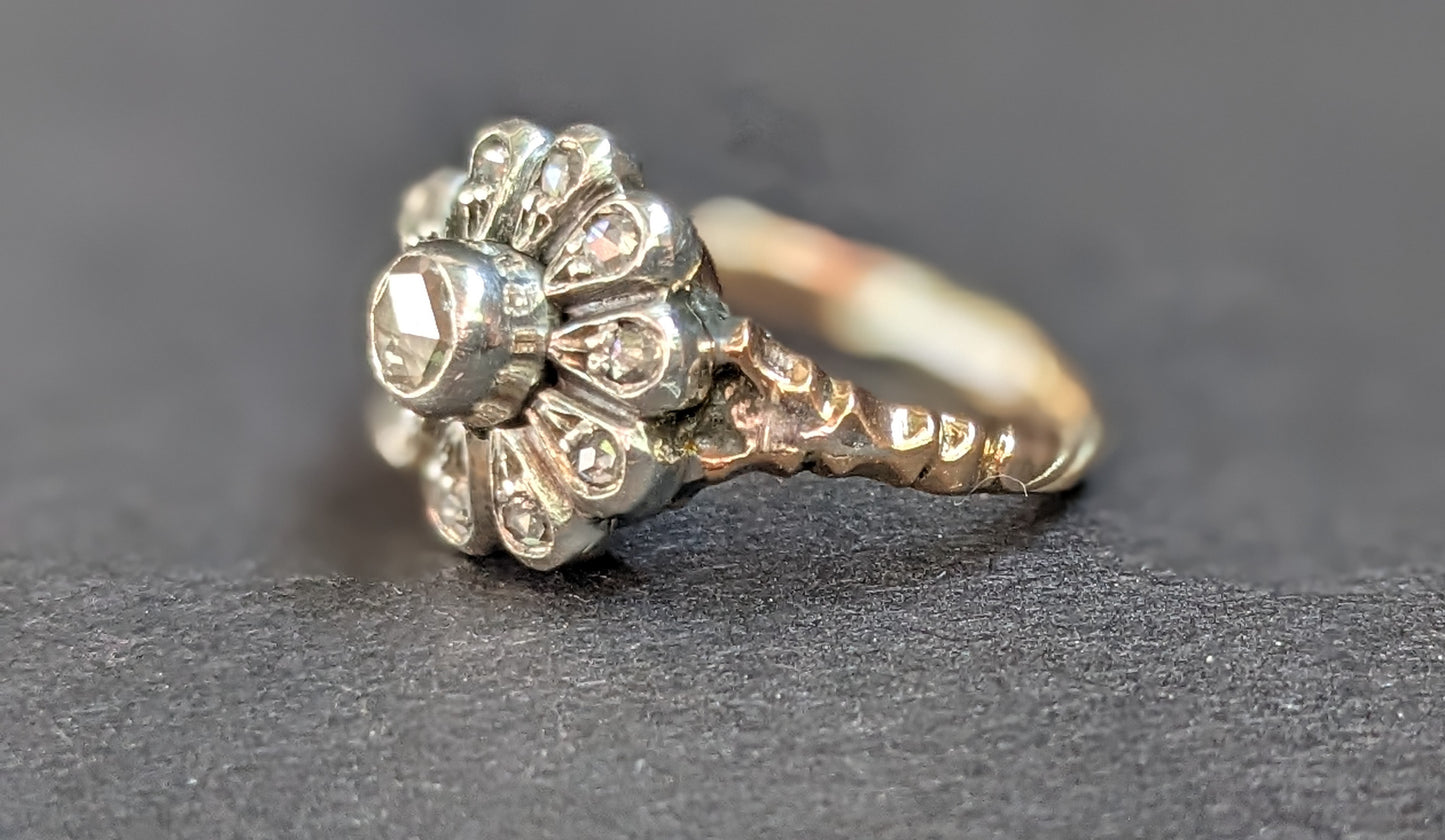 Georgian Silver and Gold Diamond Cluster ring with Center, Rosecut