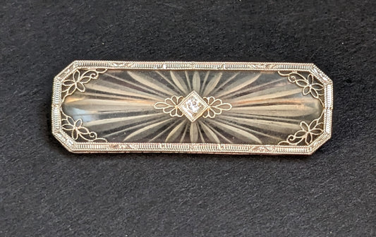 14kt camphor glass and diamond stud brooch