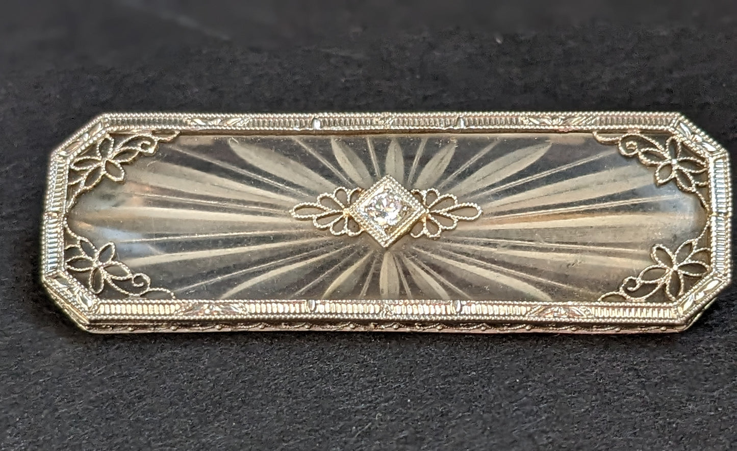 14kt camphor glass and diamond stud brooch