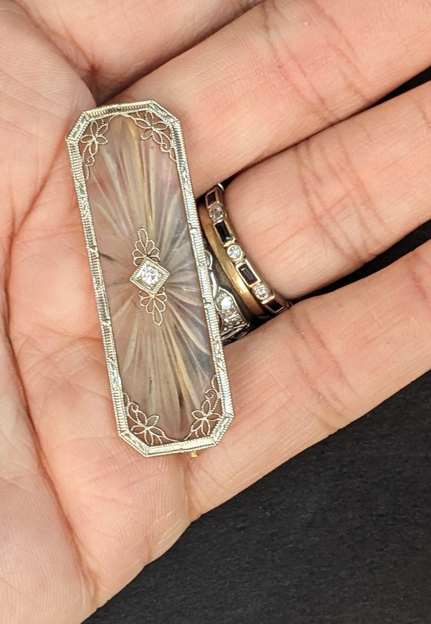 14kt camphor glass and diamond stud brooch
