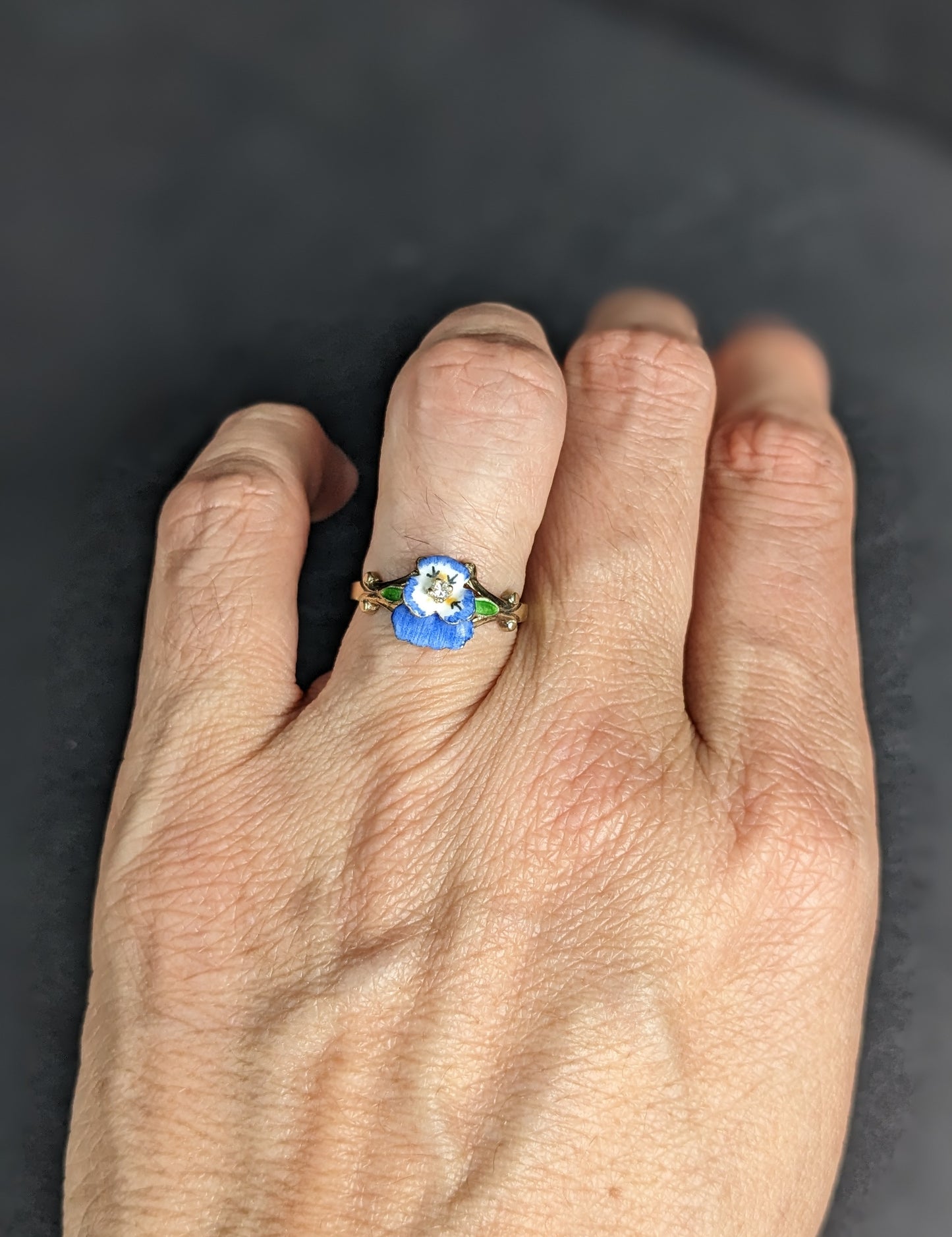 14Kt Pansy Enamel Ring with Diamond Center