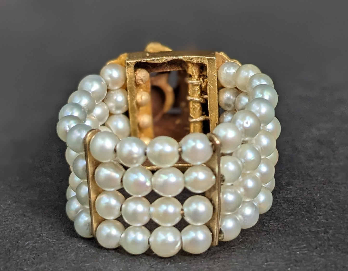 18Kt English Buckle Seed Pearl and Turquoise Ring