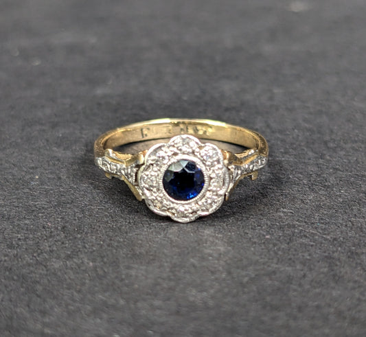 18Kt French Belle Epoch Sapphire and Diamond Halo Ring