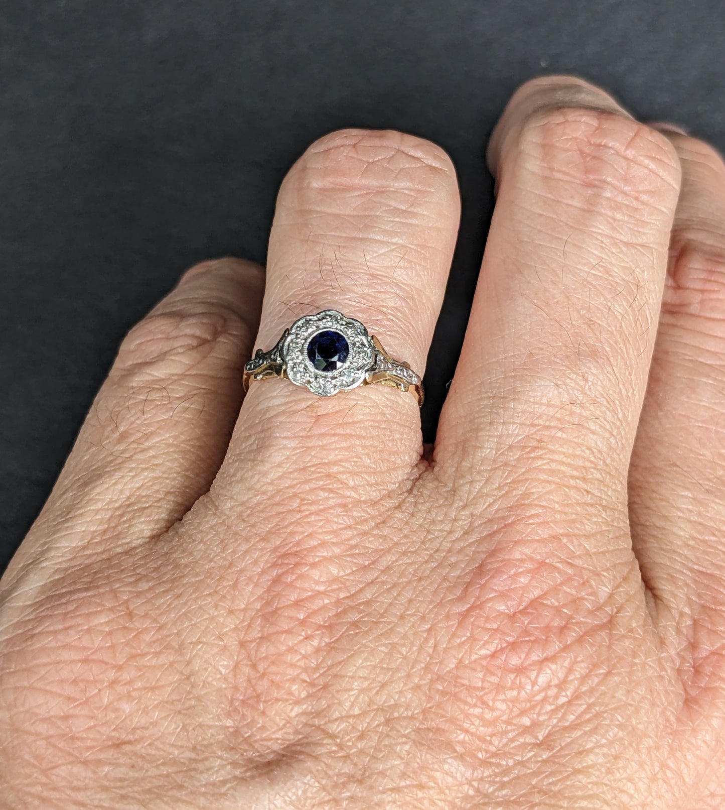 18Kt French Belle Epoch Sapphire and Diamond Halo Ring