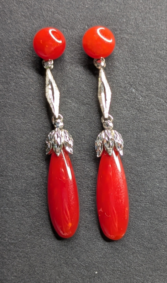 18kt White Gold and Red Coral Dangle Earrings with Diamond Details
