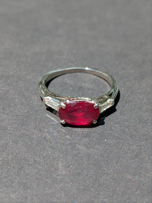 1920's Platinum Mounting with Diamond Baguettes Reset with Oval Ruby ring