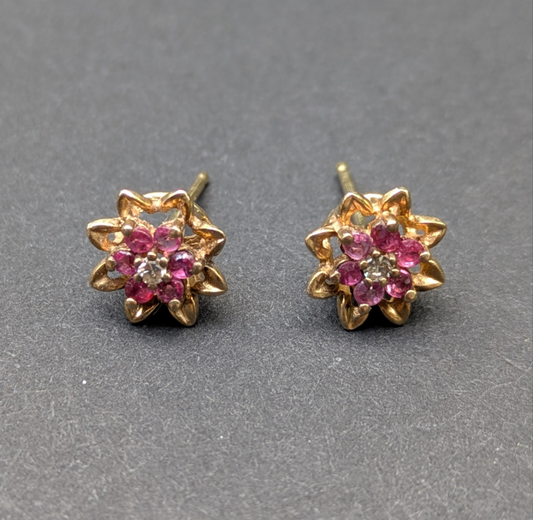 14kt Ruby and Diamond Flower Stud Earrings