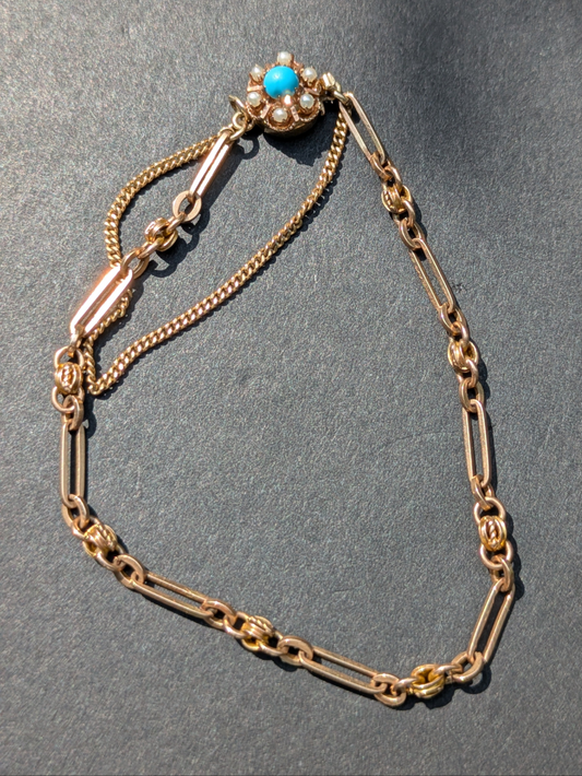 14kt 1930's American Bracelet with Turquoise and Pearl Clasp