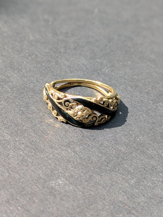 14kt Black Enamel and Seed Pearl Ring Mourning