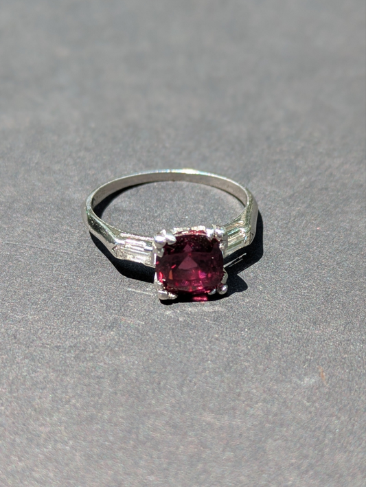 Art Deco Platinum split prong mounting with Rhodolite Garnet ring