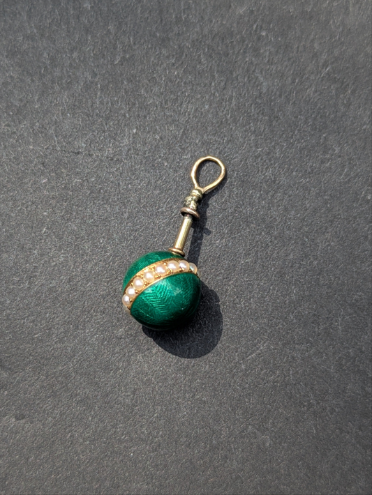 18kt Green Enamel Sphere with Seed Pearl