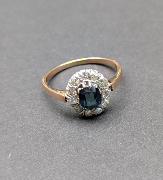 Sapphire Ring with Mine Cut Diamond Halo