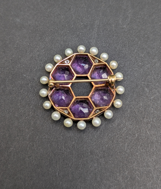 14k Diamond, Pearl, and Amethyst Art Deco Brooch