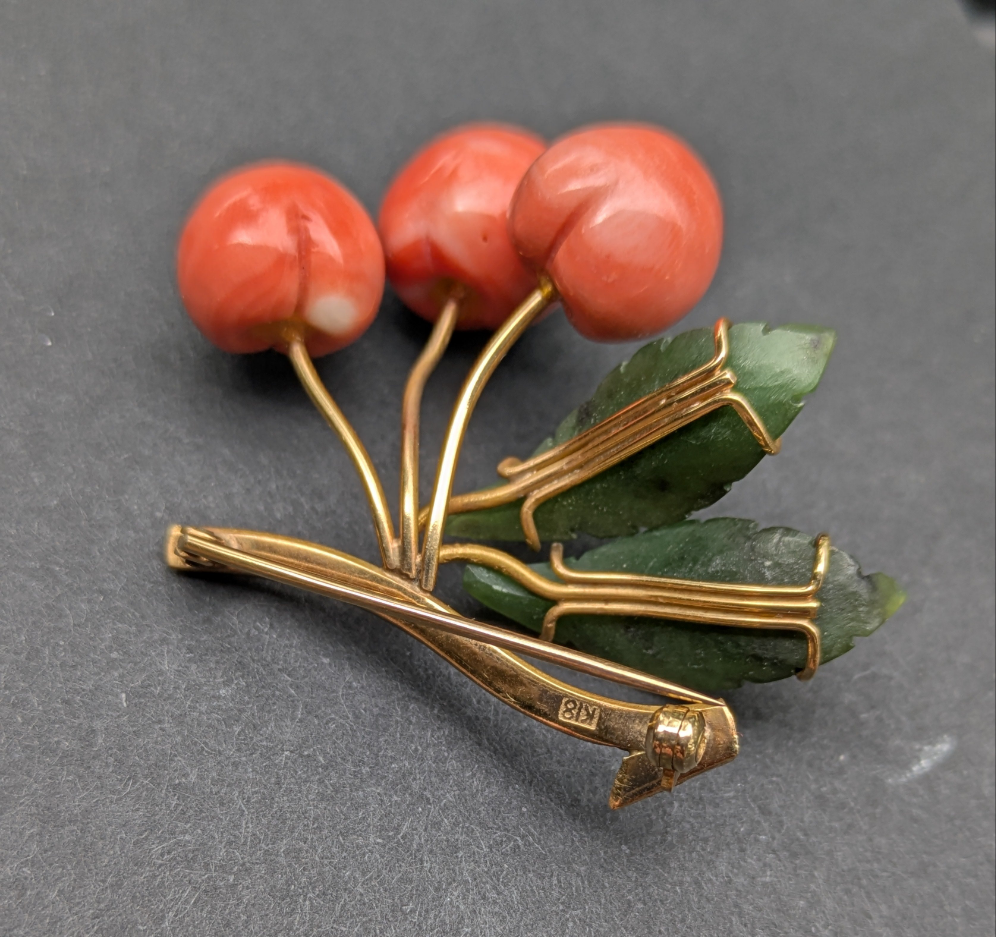 18kt Jade and Coral Cherry Brooch