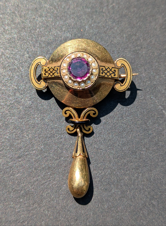 14kt Amethyst Seed Pearl and Enamel Brooch