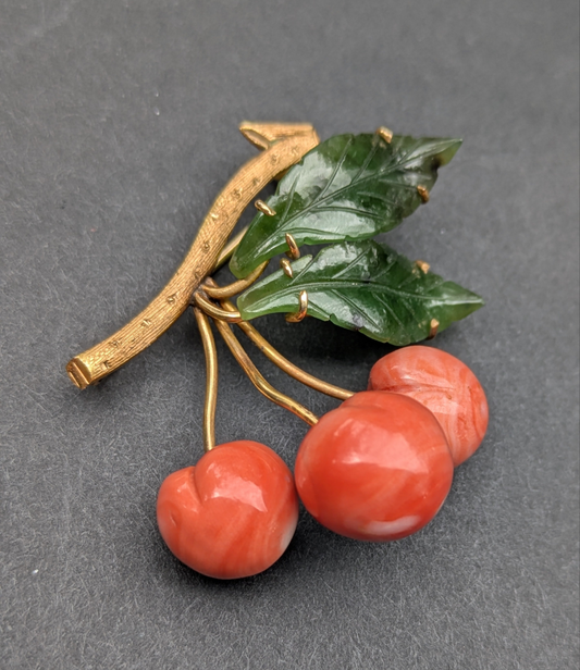 18kt Jade and Coral Cherry Brooch