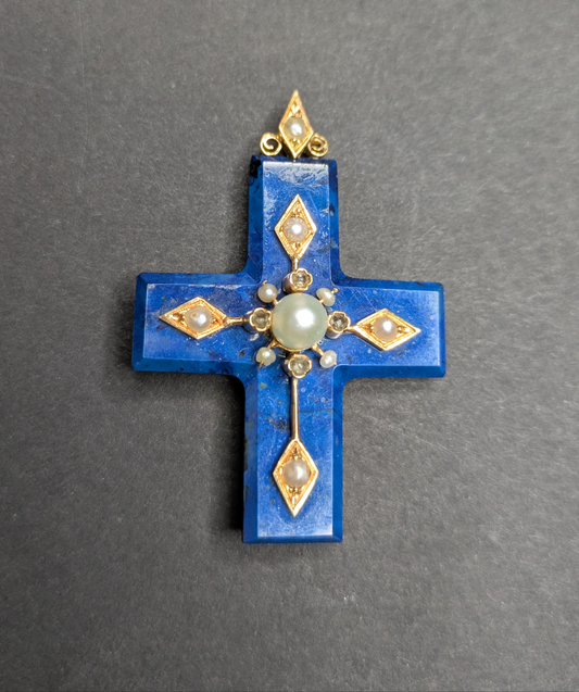 Craved Lapis Cross set with 14kt Pearls and Diamond pendant