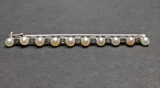 Platinum Pearl and Single Cut Diamond Bar Pin