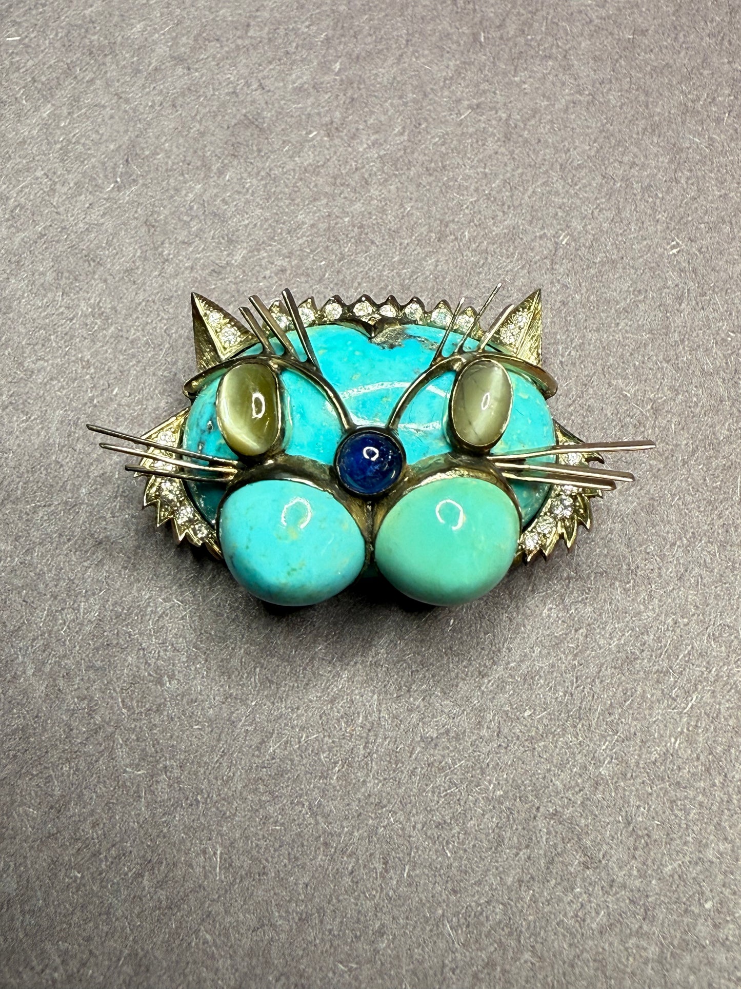 1920s 14k Turquoise Cat Brooch