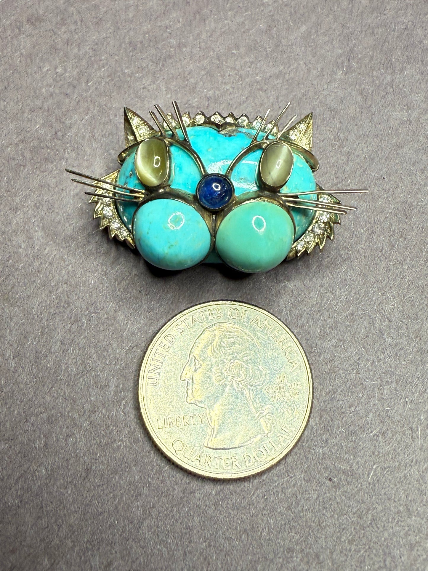 1920s 14k Turquoise Cat Brooch