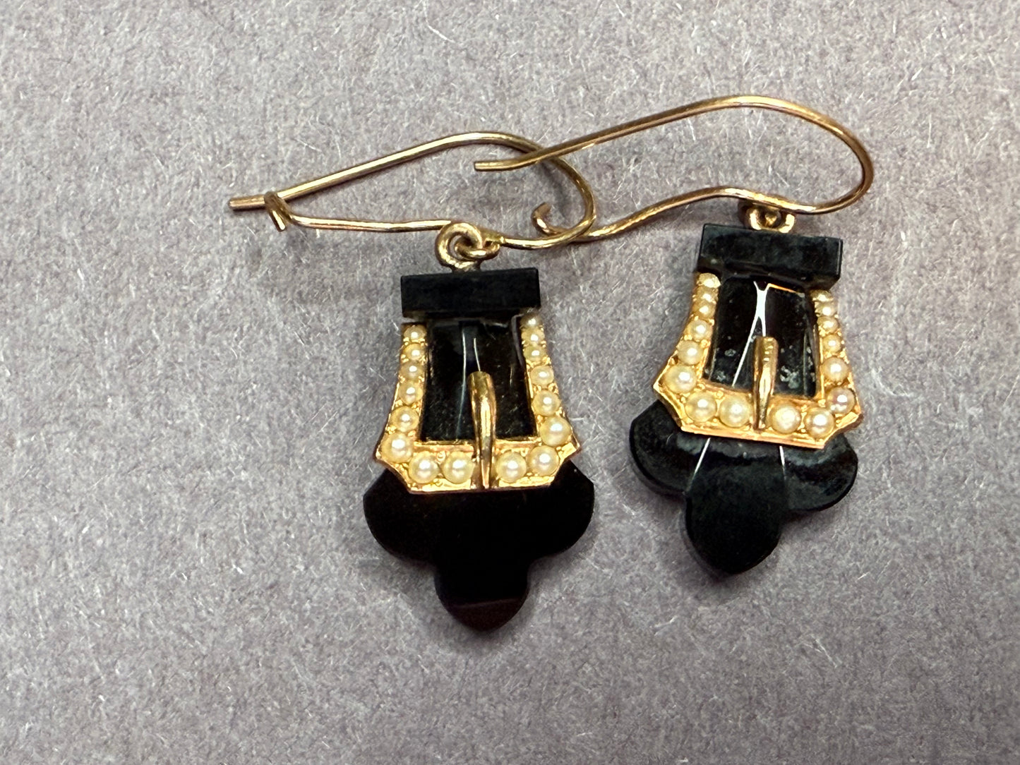 American Victorian Era 10k Onyx & Seed Pearl Buckle Earrings