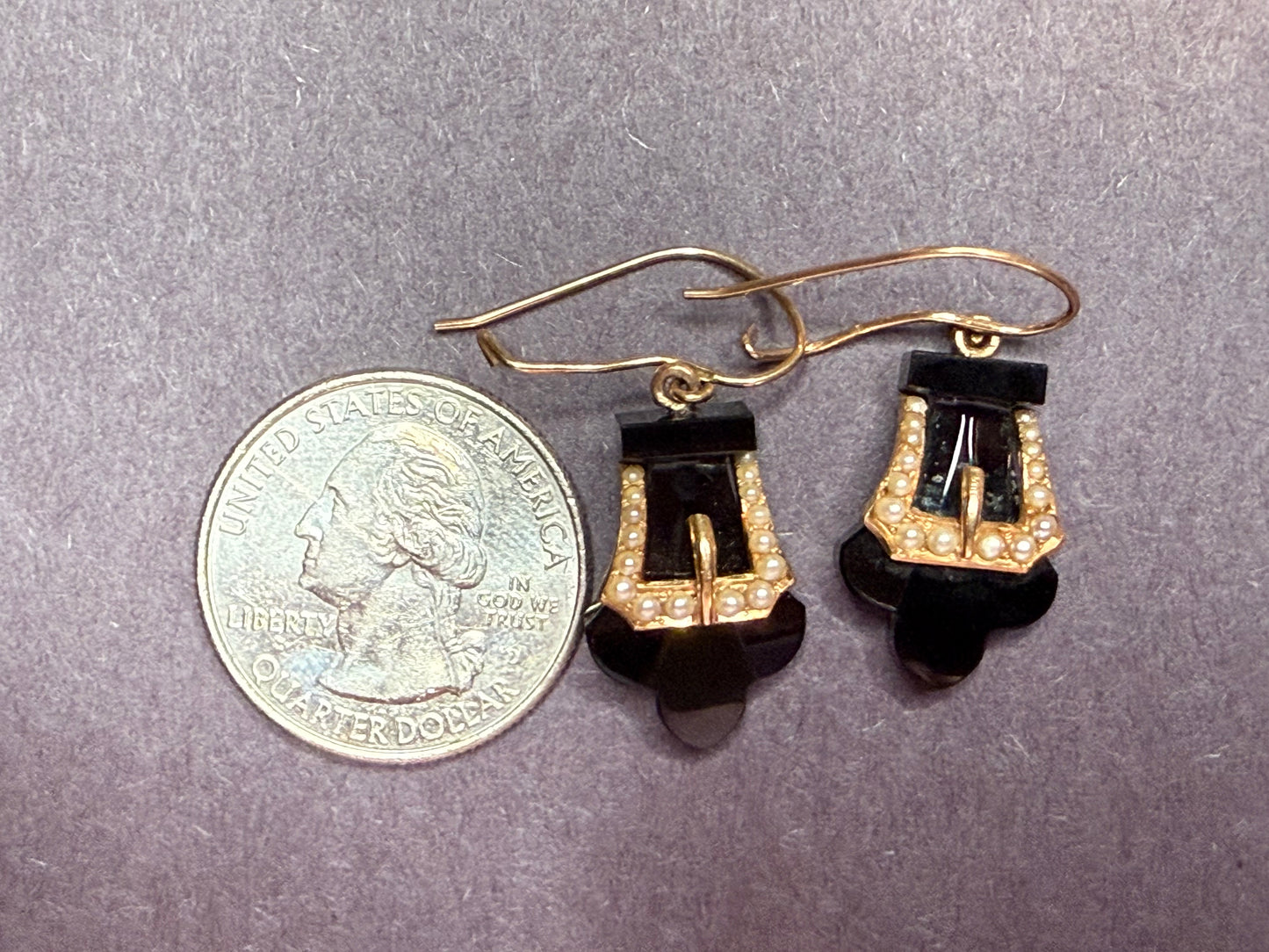 American Victorian Era 10k Onyx & Seed Pearl Buckle Earrings