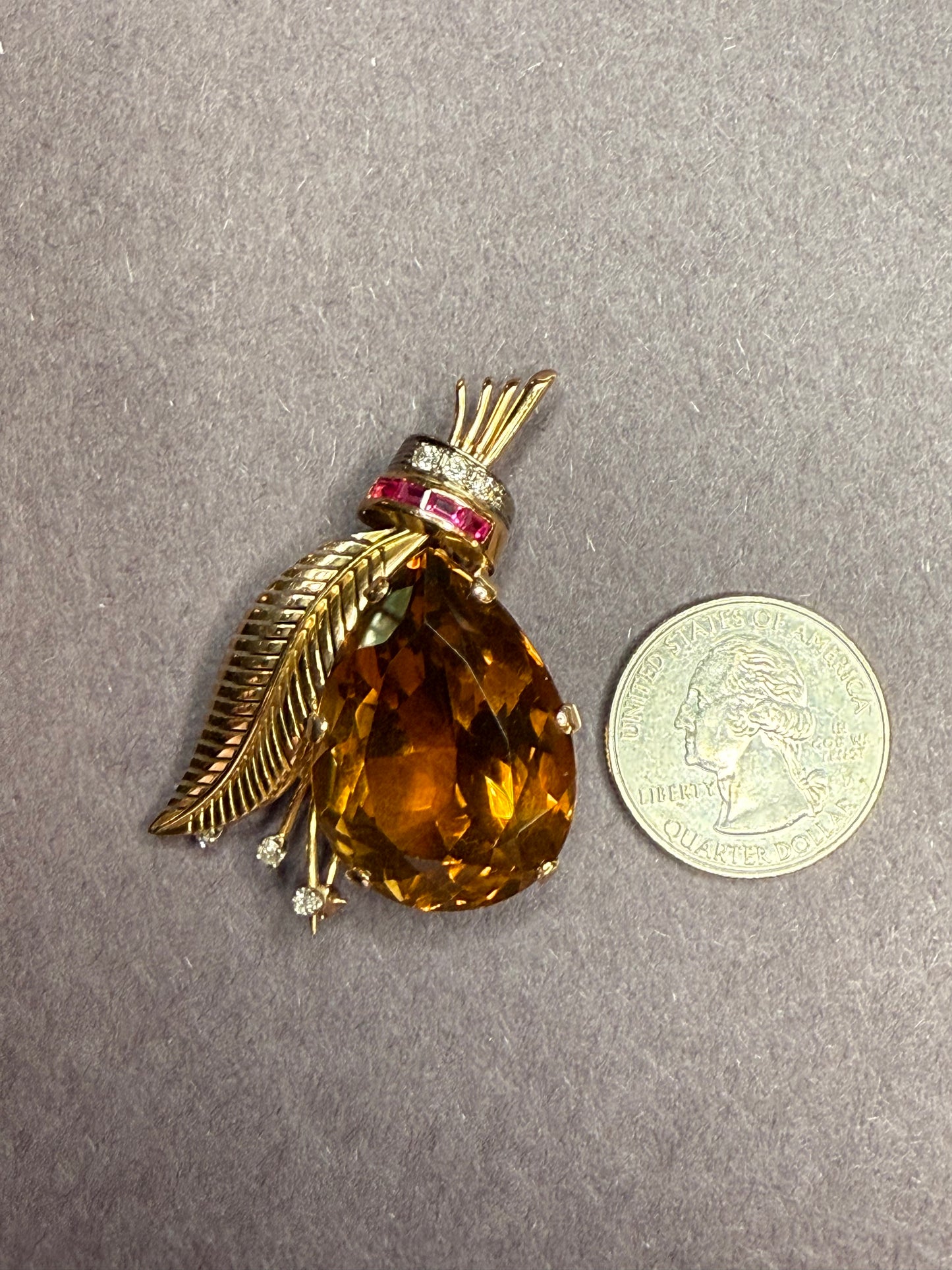 18k Yellow Gold Smoky Quartz, Ruby and Diamond Pendant/Brooch