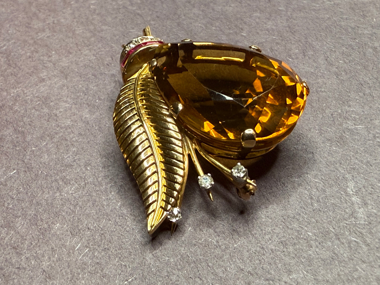 18k Yellow Gold Smoky Quartz, Ruby and Diamond Pendant/Brooch